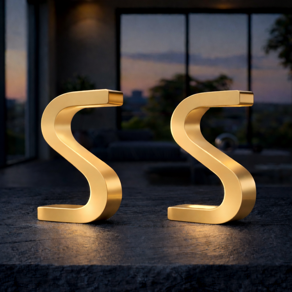 Gold Finish Handcrafted Oak Rotatable S-Shaped Wooden Lamp