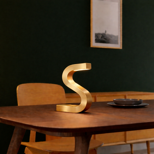Gold Finish Handcrafted Oak Rotatable S-Shaped Wooden Lamp