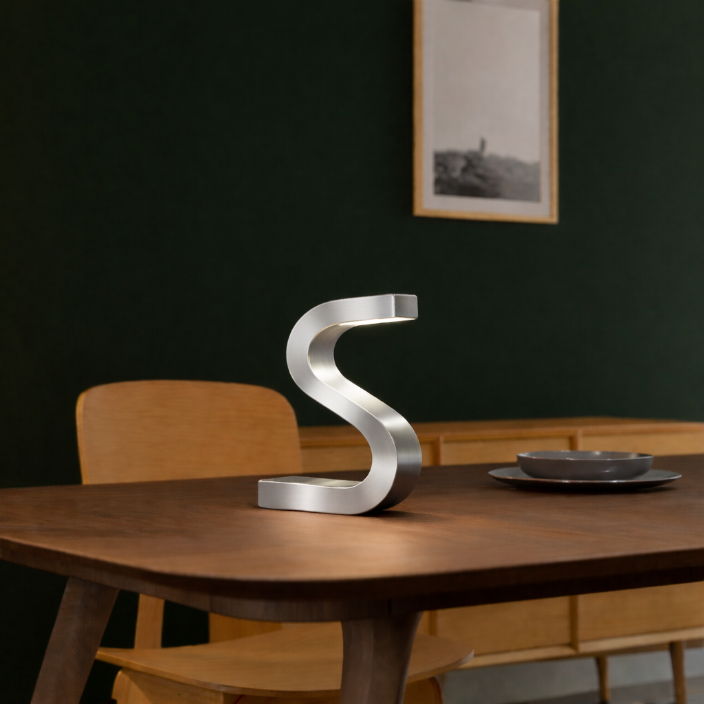 Silver Finish Handcrafted Oak Rotatable S-Shaped Wooden Lamp