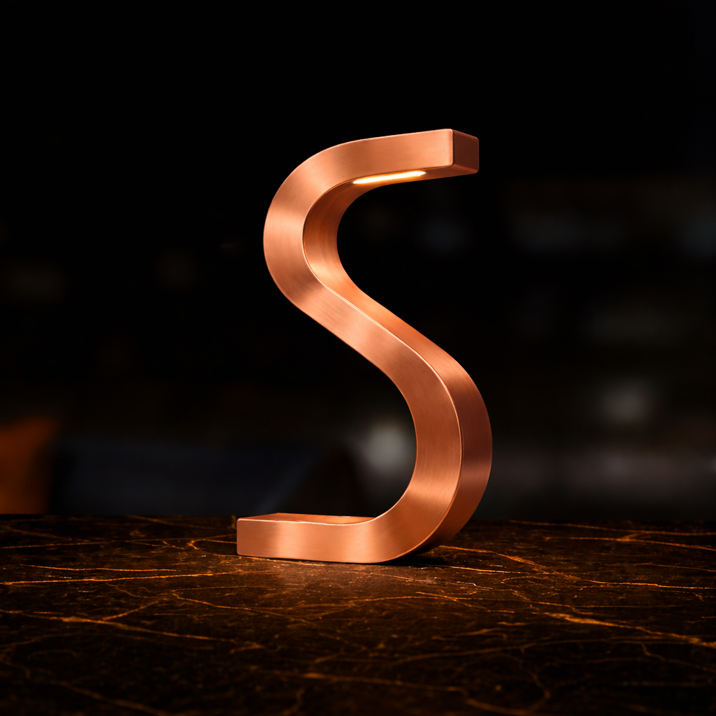 Copper finish S-shaped table lamp by WOOM with built-in warm light, on a dark marble-patterned surface.