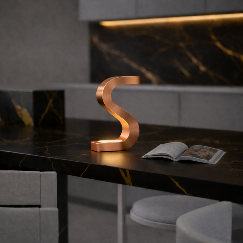 S-shaped copper finish wooden table lamp by WOOM with an illuminated base on a dark marble counter, next to an open book.