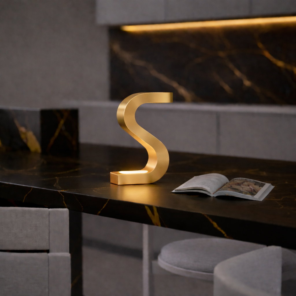 Gold Finish Handcrafted Oak Rotatable S-Shaped Wooden Lamp