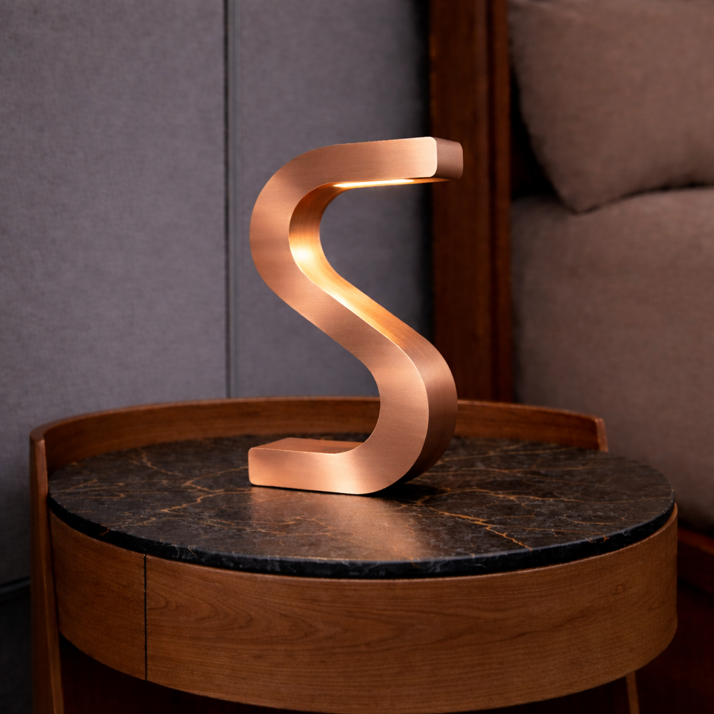 Copper finish S-shaped lamp by WOOM, standing on a round dark marble and oak wood side table.