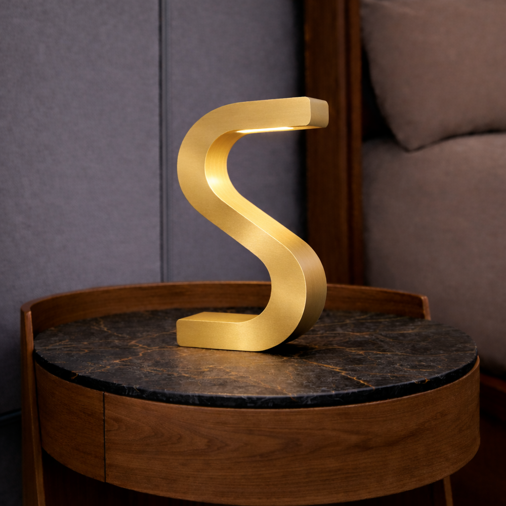 Gold Finish Handcrafted Oak Rotatable S-Shaped Wooden Lamp