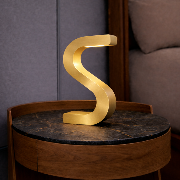 Gold Finish Handcrafted Oak Rotatable S-Shaped Wooden Lamp