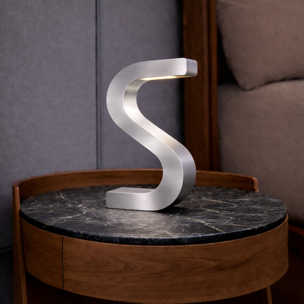 Silver Finish Handcrafted Oak Rotatable S-Shaped Wooden Lamp