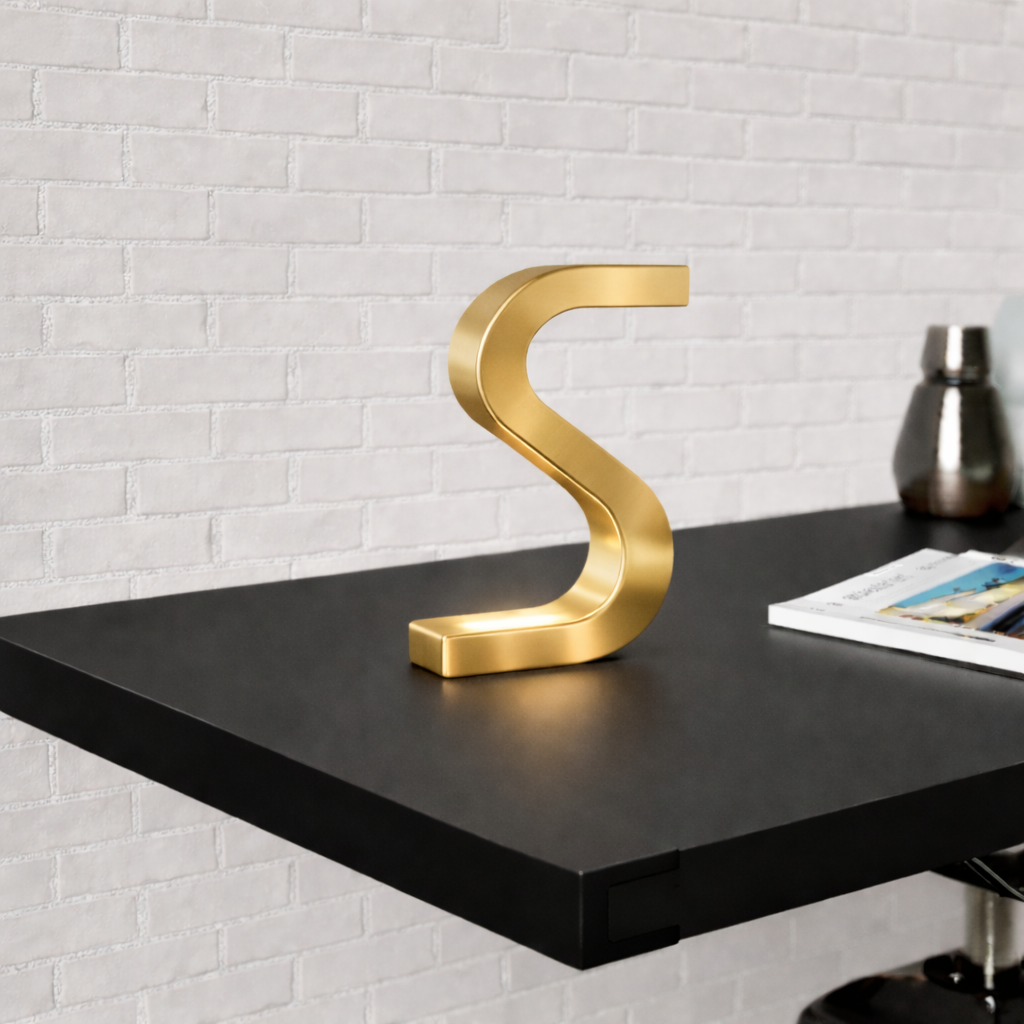 Gold Finish Handcrafted Oak Rotatable S-Shaped Wooden Lamp