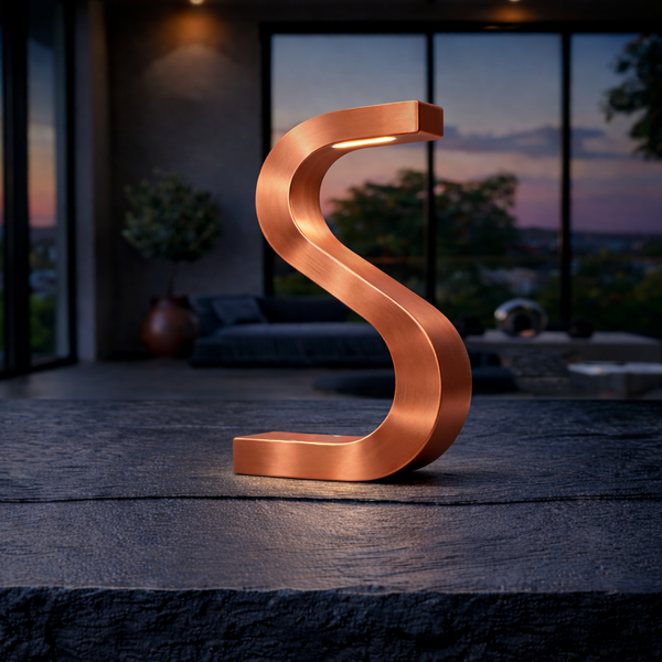 Copper-finished S-shaped wooden table lamp by WOOM, softly illuminating a dark textured surface.