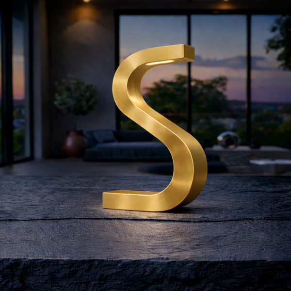 Gold Finish Handcrafted Oak Rotatable S-Shaped Wooden Lamp