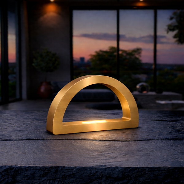 Gold Finish Oak Arc-Curved Contemporary Wooden Desk Lamp