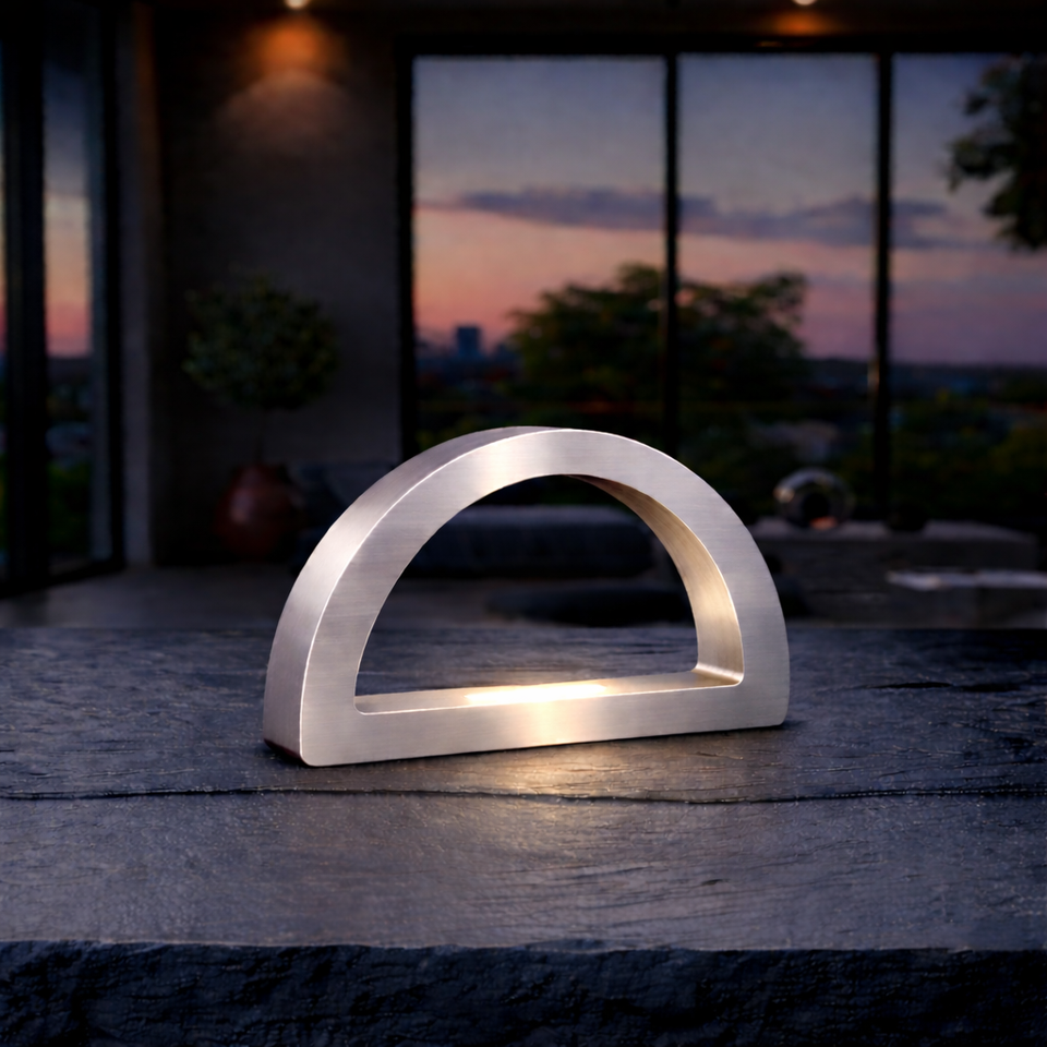 Silver Finish Oak Arc-Curved Contemporary Wooden Desk Lamp