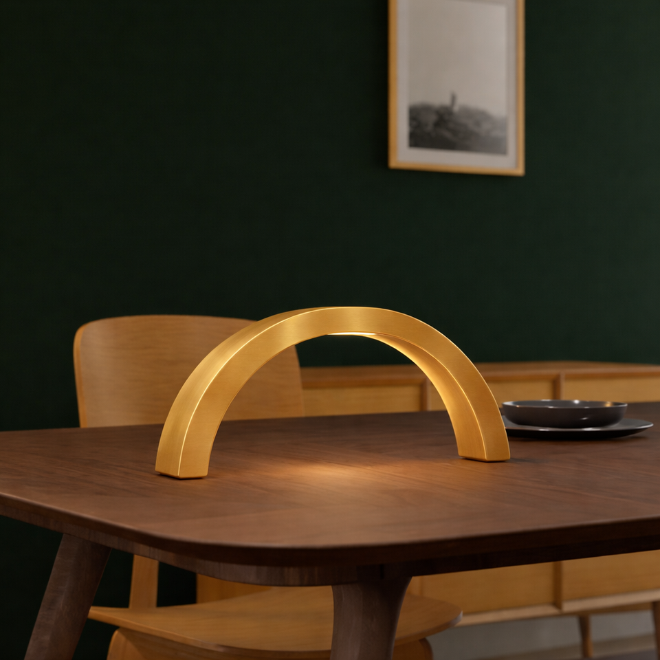 Gold Finish Oak Arc-Curved Contemporary Wooden Lamp