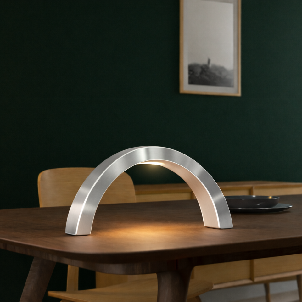 Silver Finish Oak Arc-Curved Contemporary Wooden Lamp