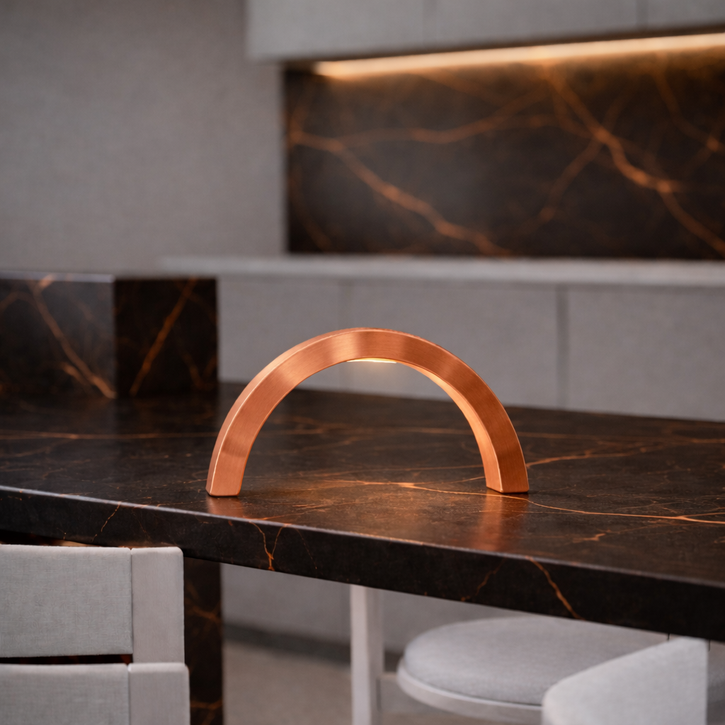 Arc-curved copper finish lamp by WOOM, glowing on a dark marble counter with orange veins.
