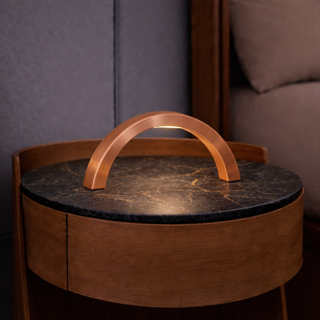 Copper finish arc-curved lamp by WOOM, radiating warm light onto a round marble and wood table.