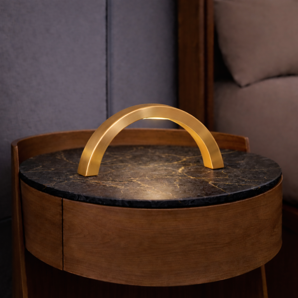 Gold Finish Oak Arc-Curved Contemporary Wooden Lamp