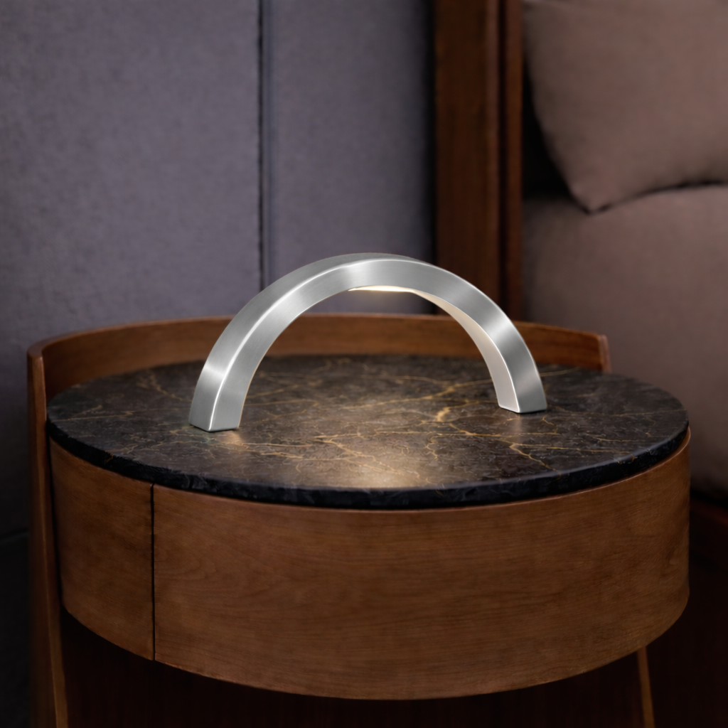Silver Finish Oak Arc-Curved Contemporary Wooden Lamp