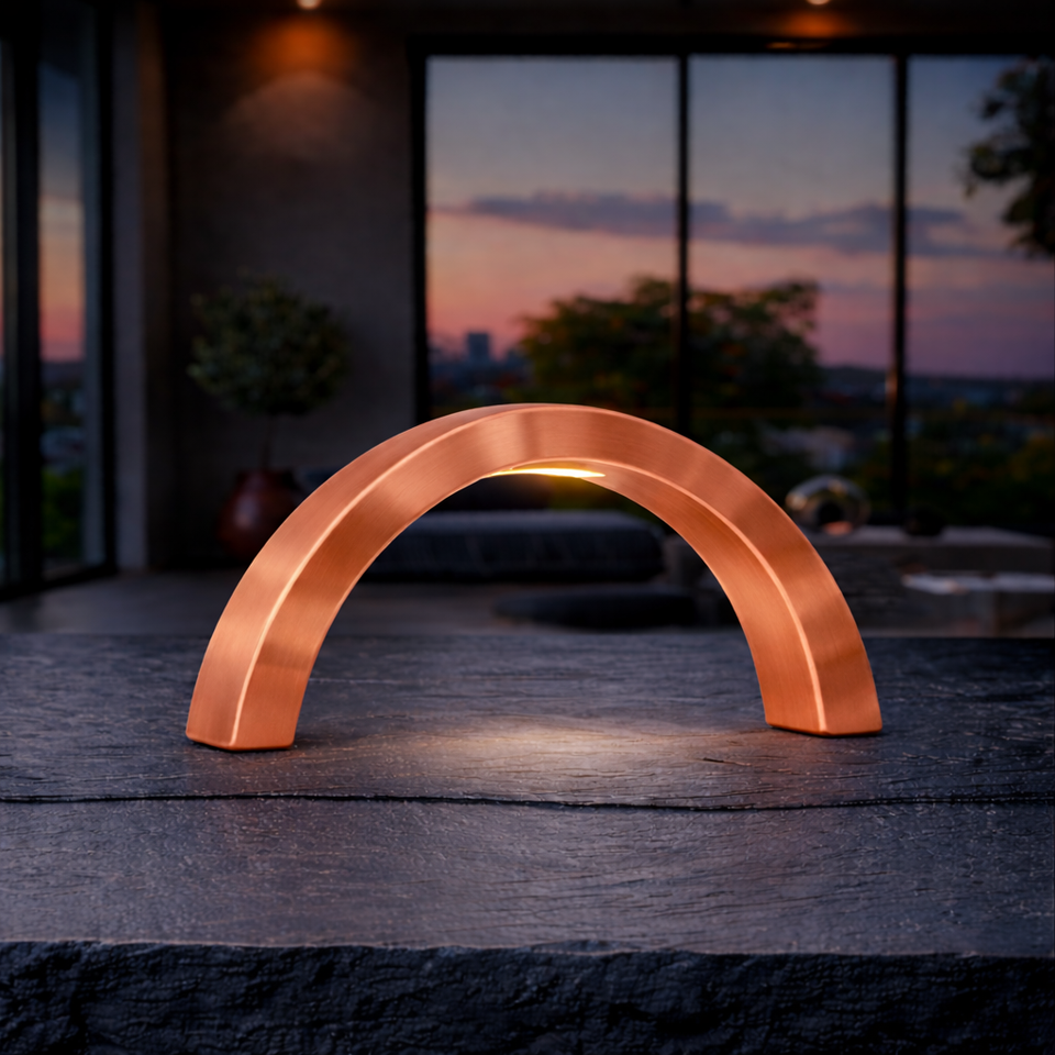 Arc-curved copper finish oak wooden table lamp by WOOM, casting a warm glow on a dark textured surface.