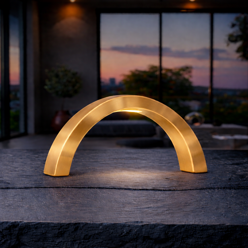 Gold Finish Oak Arc-Curved Contemporary Wooden Lamp