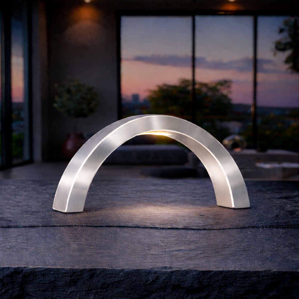 Silver Finish Oak Arc-Curved Contemporary Wooden Lamp