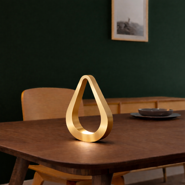 Gold Finish Handcrafted Oak Teardrop Shaped Wooden Lamp