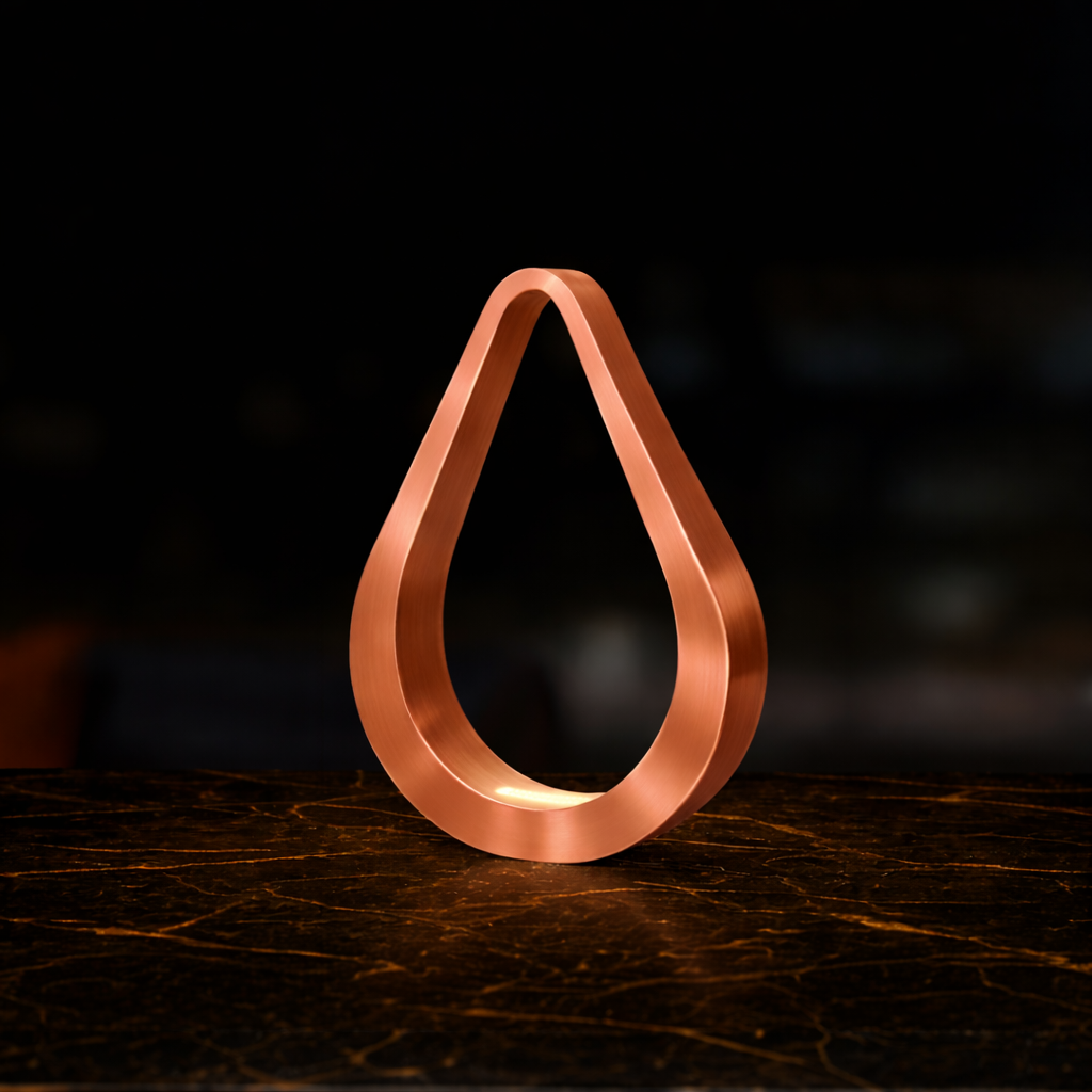 A copper finish teardrop table lamp by WOOM glowing softly on a dark, veined marble surface.
