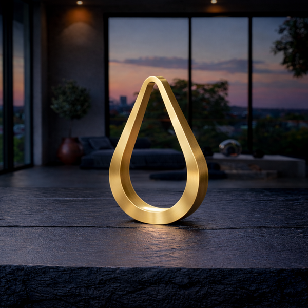 Gold Finish Handcrafted Oak Teardrop Shaped Wooden Lamp