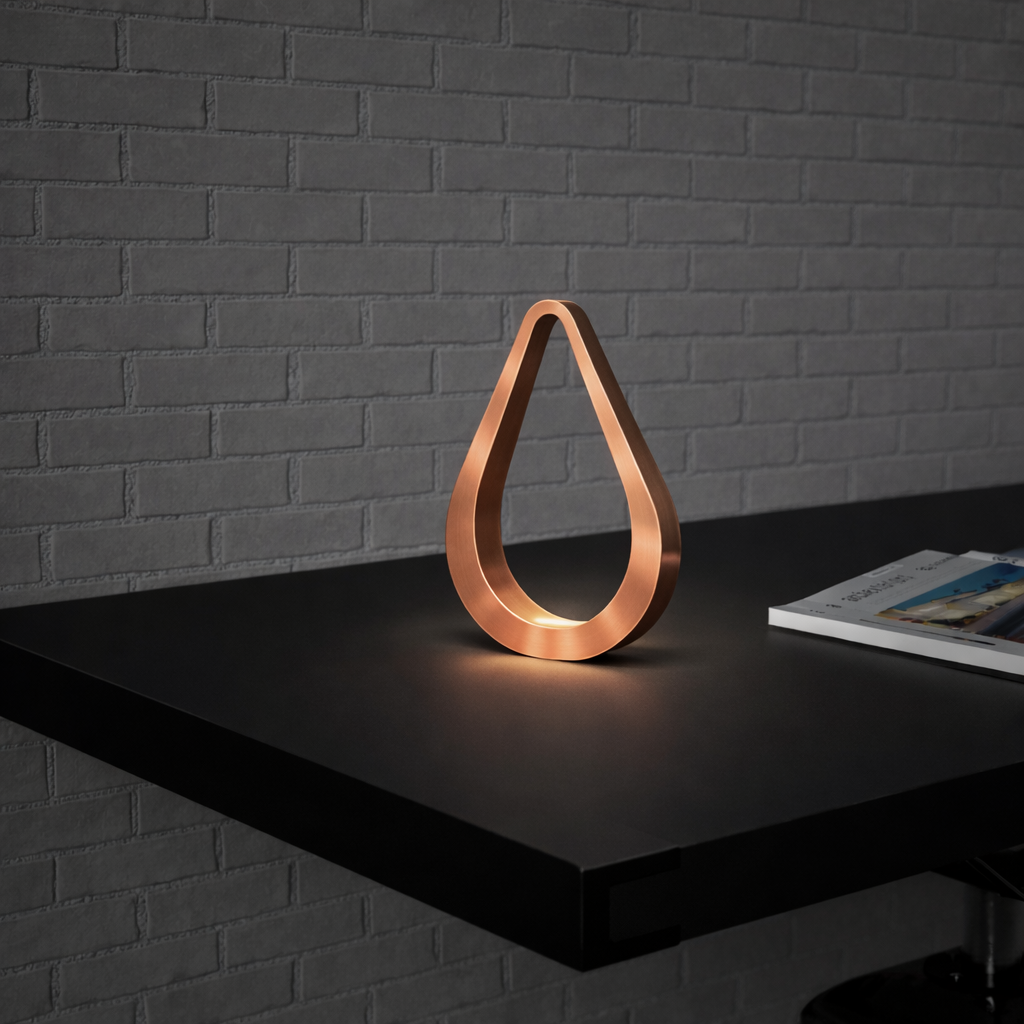 A teardrop-shaped copper-finished table lamp by WOOM, glowing on a dark desk with a brick wall.