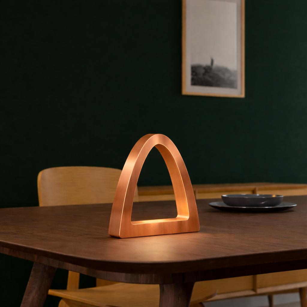 Copper finish handcrafted oak arch curved desk lamp by WOOM, glowing warmly on a dark wooden table.