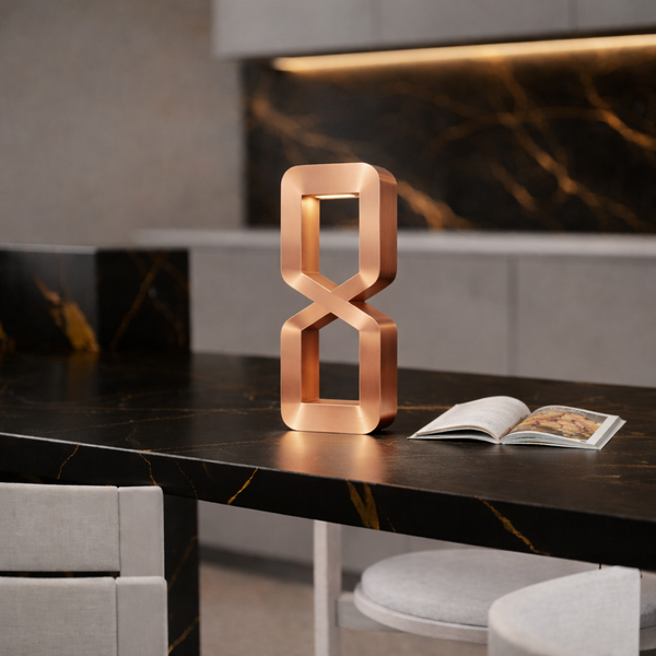 Copper finish hourglass lamp by WOOM with an internal light on a dark marble counter.