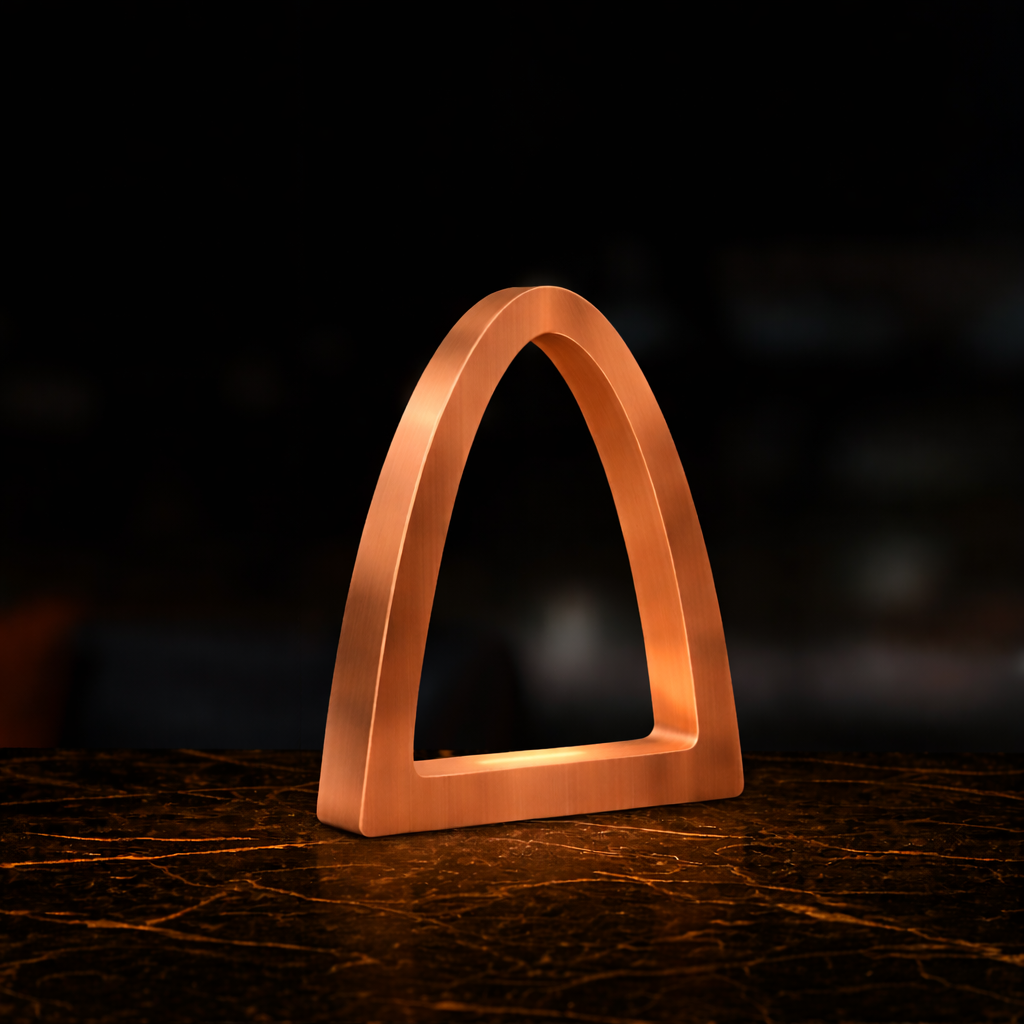 Copper finish arch desk lamp by WOOM with a brushed texture on a dark marble table.