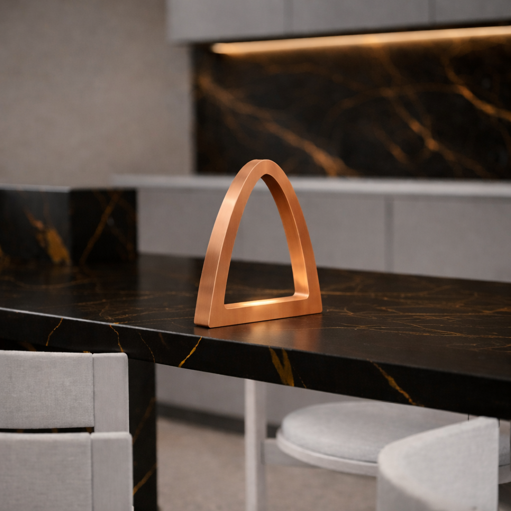 Copper finish arched desk lamp by WOOM, with a minimalist design, sitting on a black marble countertop.