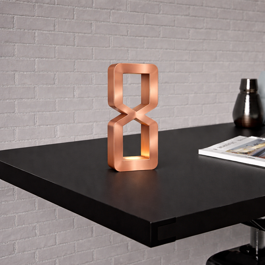 Copper finish hourglass-shaped table lamp by WOOM with integrated light, on a dark desk against a brick wall.