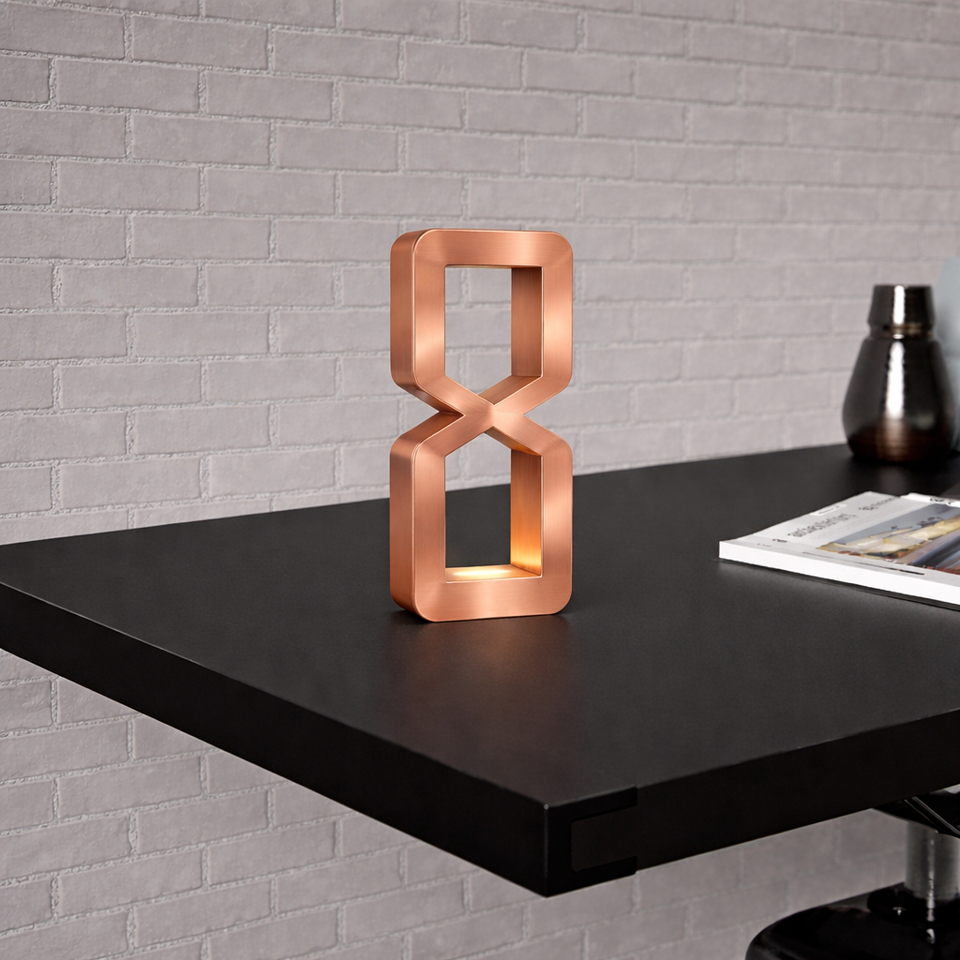 Copper finish hourglass-shaped table lamp by WOOM with integrated light, on a dark desk against a brick wall.