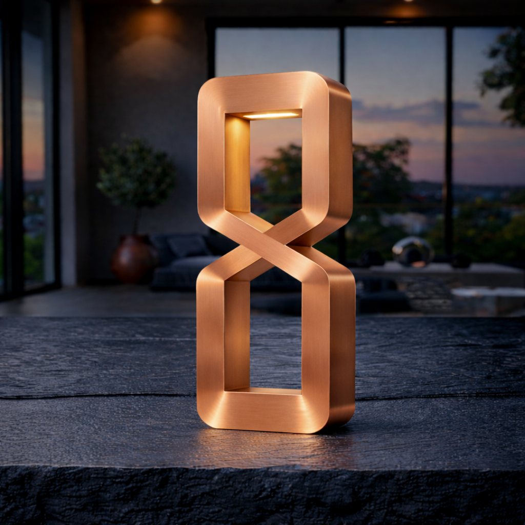 Copper finish hourglass-shaped table lamp by WOOM, glowing warmly on a dark textured surface in a modern room.