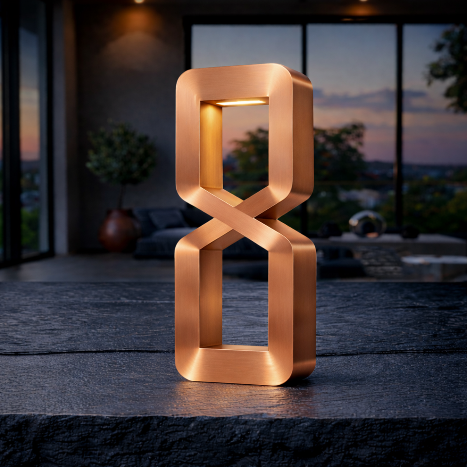 Copper finish hourglass-shaped table lamp by WOOM, glowing warmly on a dark textured surface in a modern room.