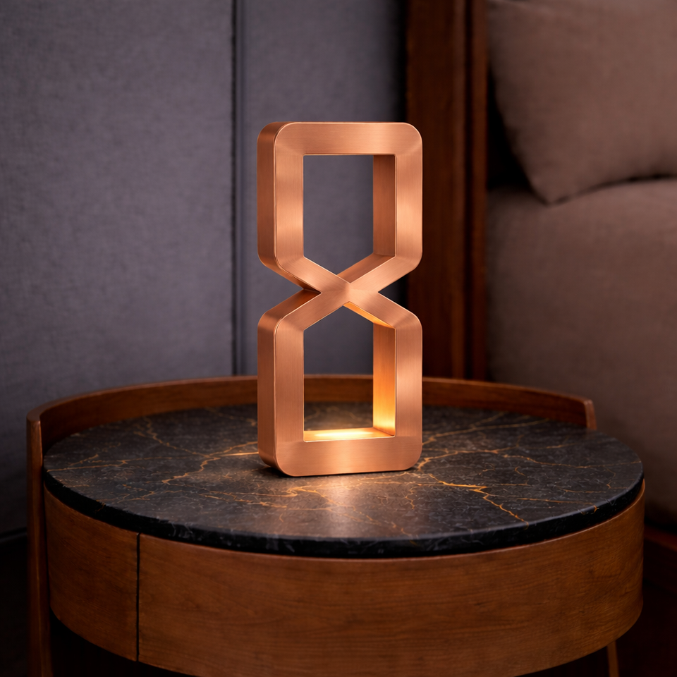Copper finish hourglass-shaped table lamp by WOOM, glowing on a dark marble-top wooden side table.