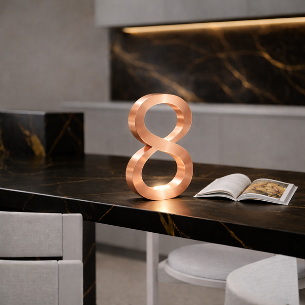 Copper finish infinity-shaped table lamp by WOOM, glowing softly on a black marble counter.