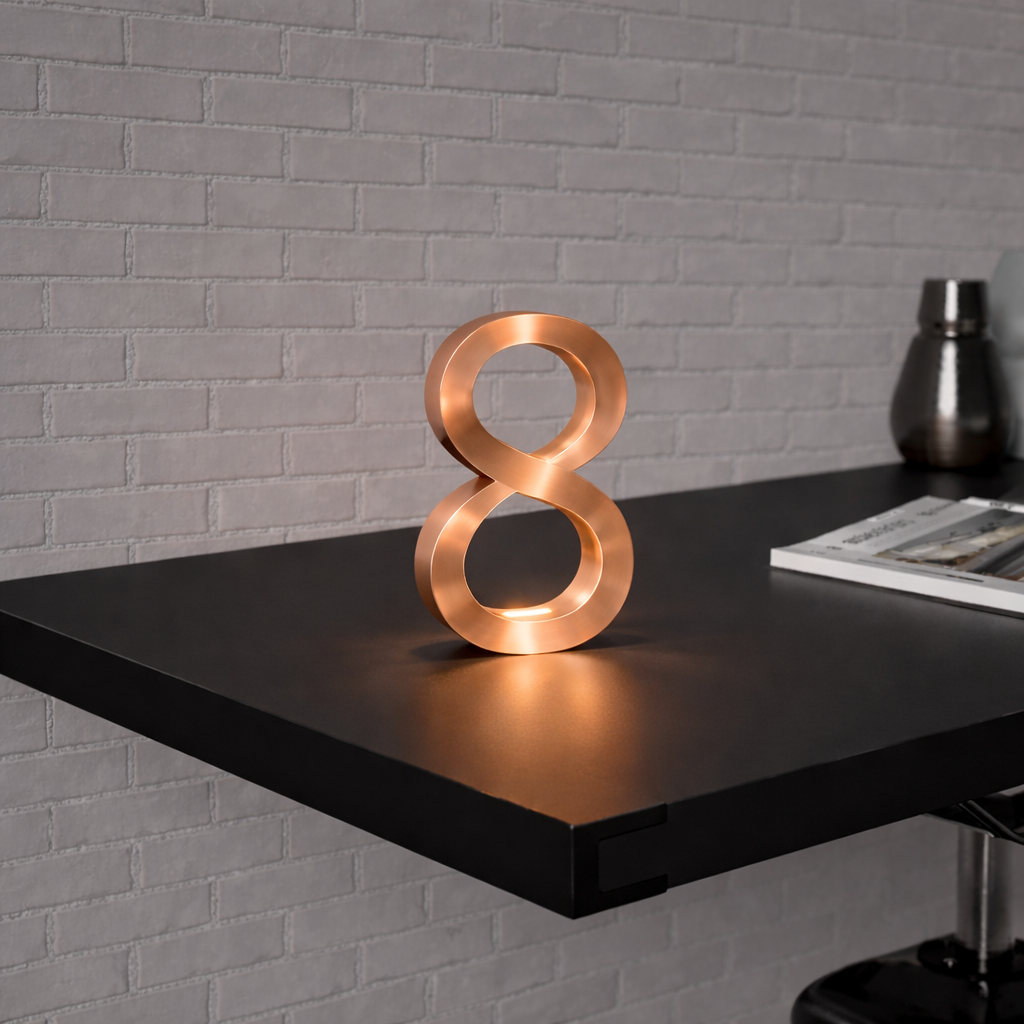 Copper finish infinity-shaped wooden table lamp by WOOM, glowing on a black desk against a light brick wall.