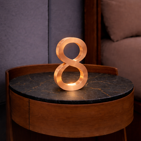 Copper-finished, infinity-shaped table lamp by WOOM, glowing on a round dark marble-top side table.