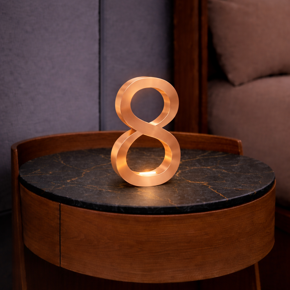 Copper-finished, infinity-shaped table lamp by WOOM, glowing on a round dark marble-top side table.