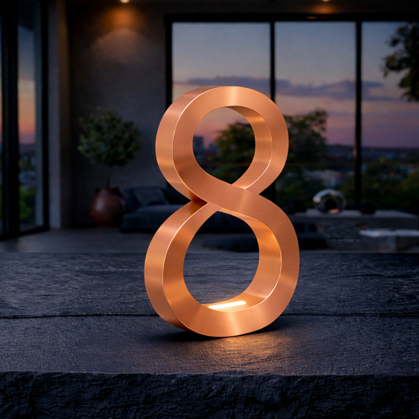 Copper Infinity Shaped Lamp by WOOM, emitting a warm glow on a dark textured surface in a modern room.