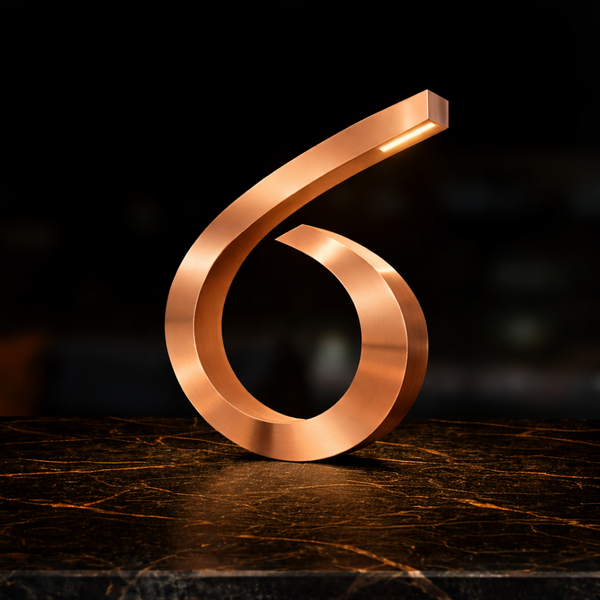 Copper finish spiral-shaped desk lamp by WOOM with a glowing light strip, sitting on a dark marble surface with gold veins.