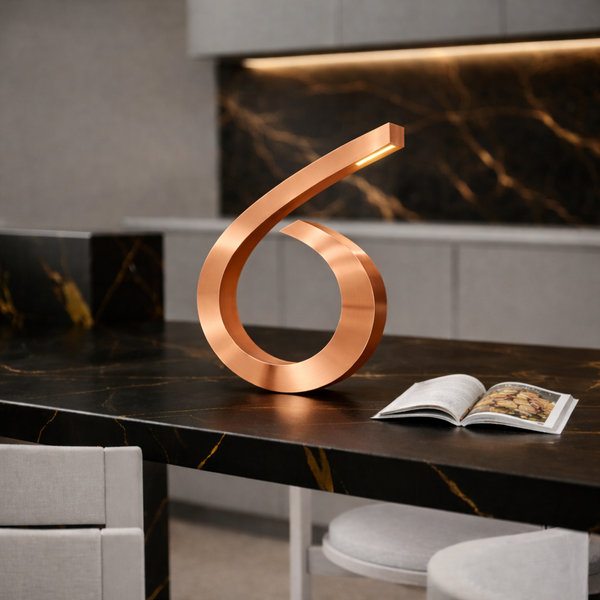 Spiral-shaped desk lamp with a copper finish by WOOM, featuring an integrated LED light, on a black marble countertop with an open magazine.
