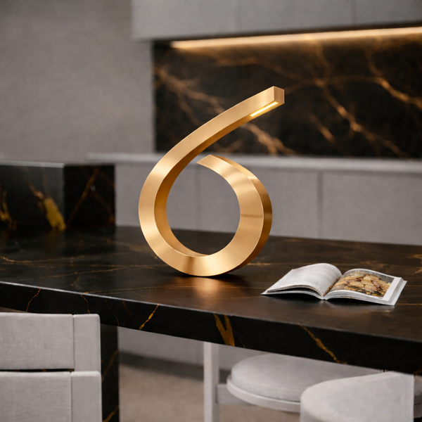 Gold Finish Handcrafted Oak Spiral-Shaped Wooden Desk Lamp