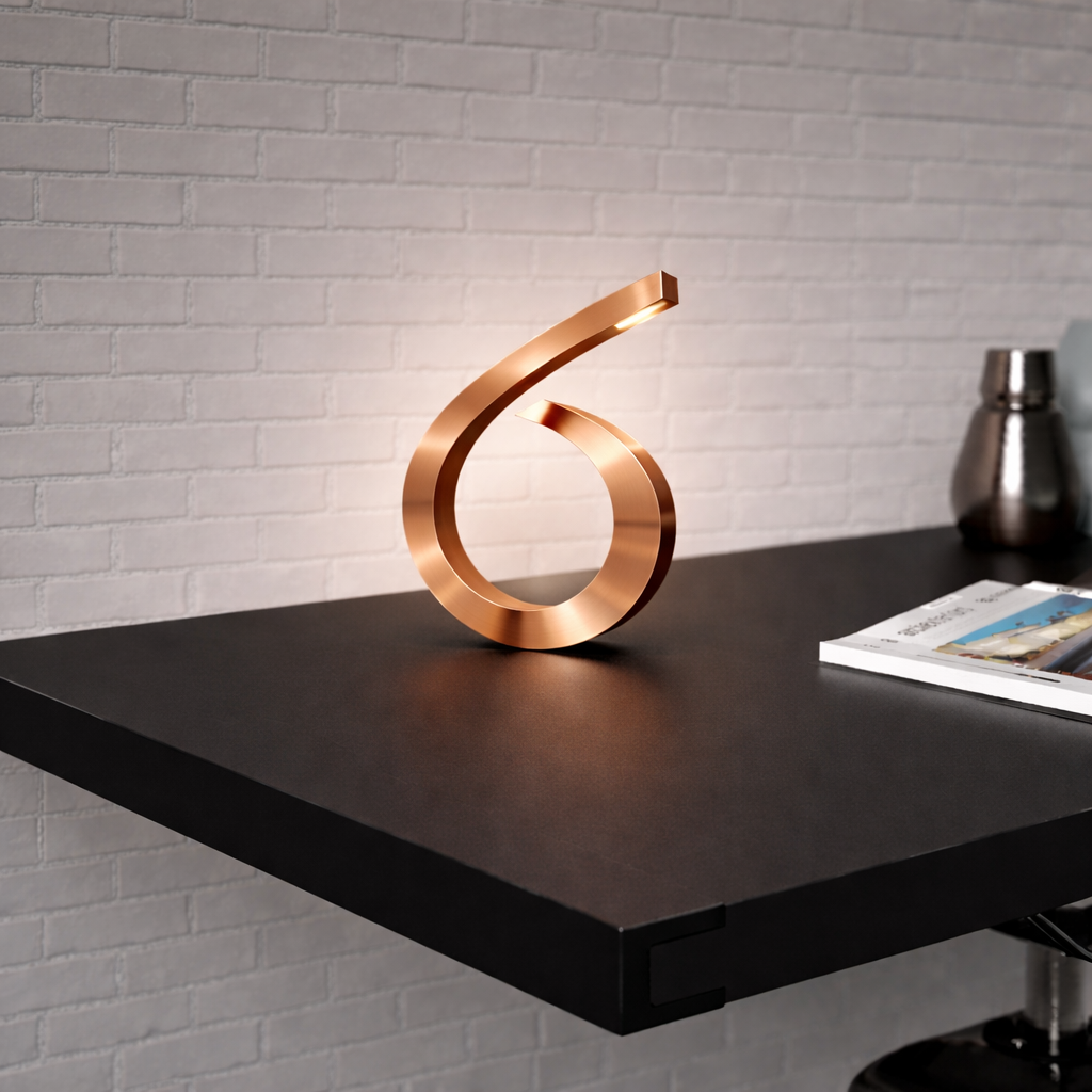 Copper spiral-shaped desk lamp by WOOM, glowing softly on a dark table against a white brick wall.