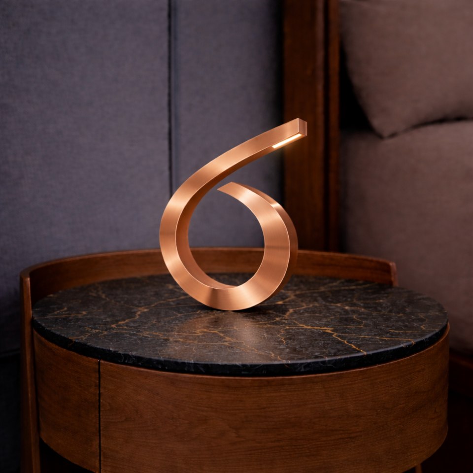 Copper finish spiral-shaped wooden desk lamp by WOOM, glowing on a black marble side table.