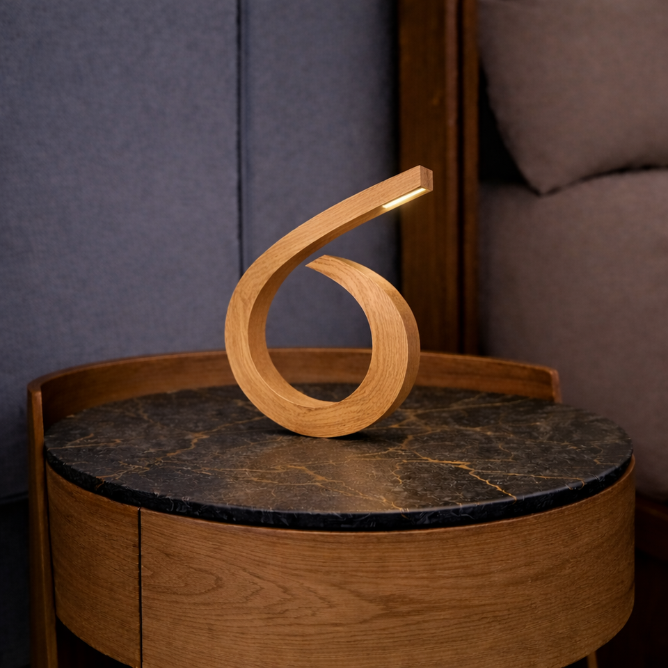 Handcrafted Oak Spiral-Shaped Wooden Desk Lamp