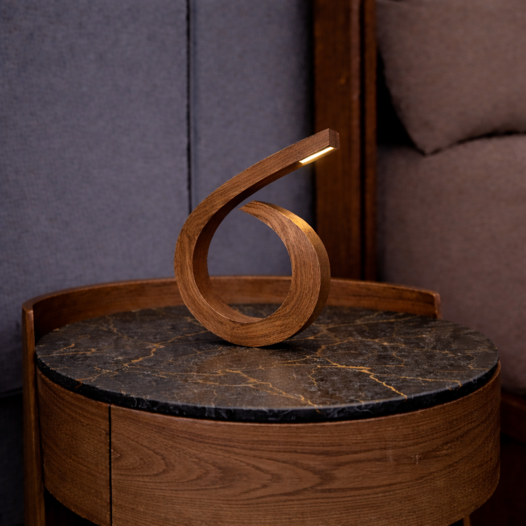 Handcrafted Walnut Spiral-Shaped Wooden Desk Lamp