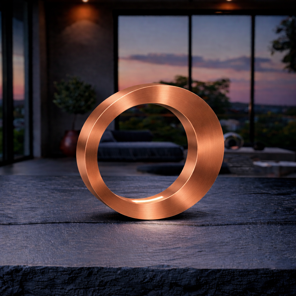 Copper finish oval lamp by WOOM, standing on a dark stone surface, emitting a soft glow in a modern room at sunset.